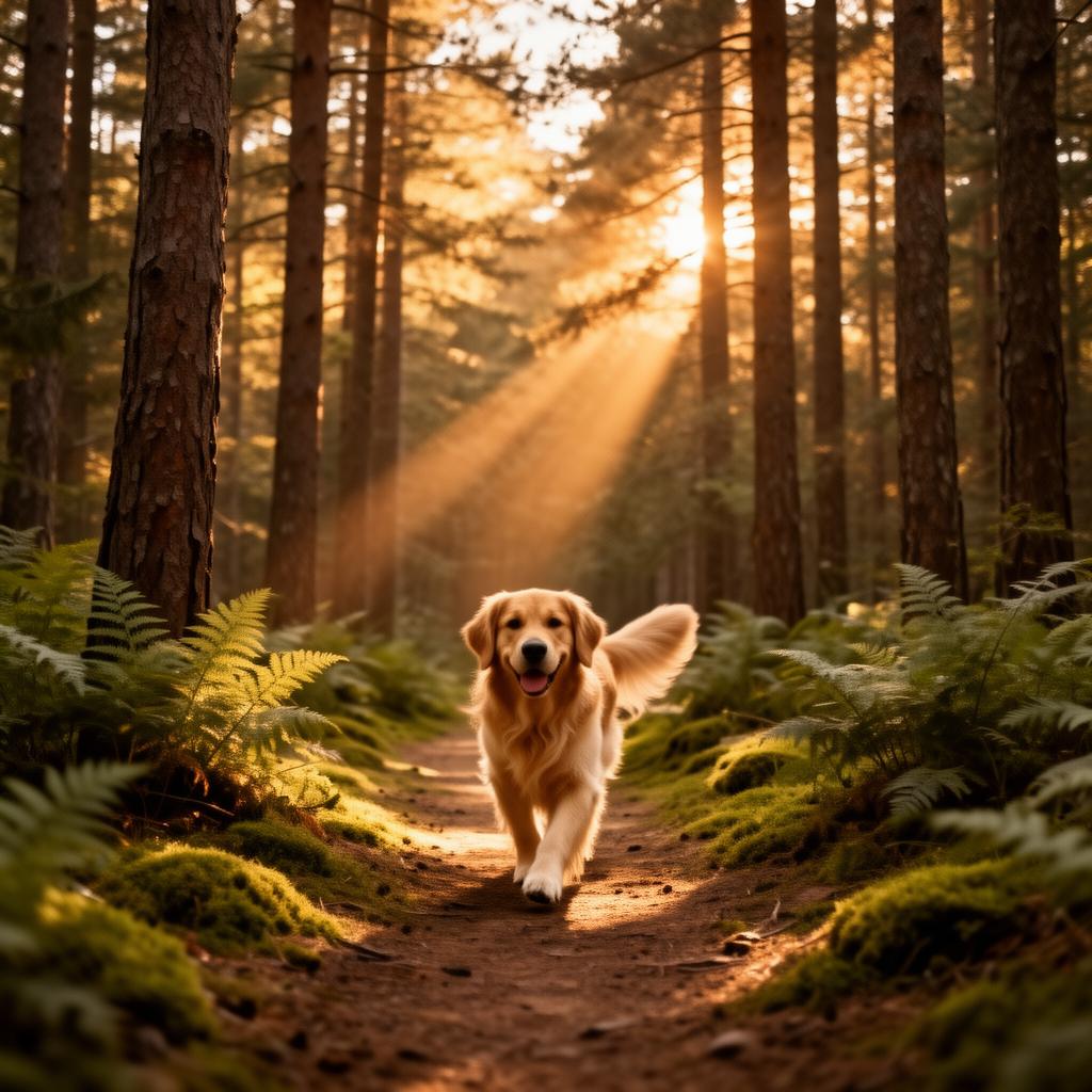 Golden retriever walking down a sunlit forest path lined with ferns